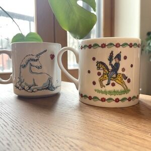 Whimsical Unicorn & Folk Horse Coffee Mug Set Vintage Cottagecore Fairy Kitchen